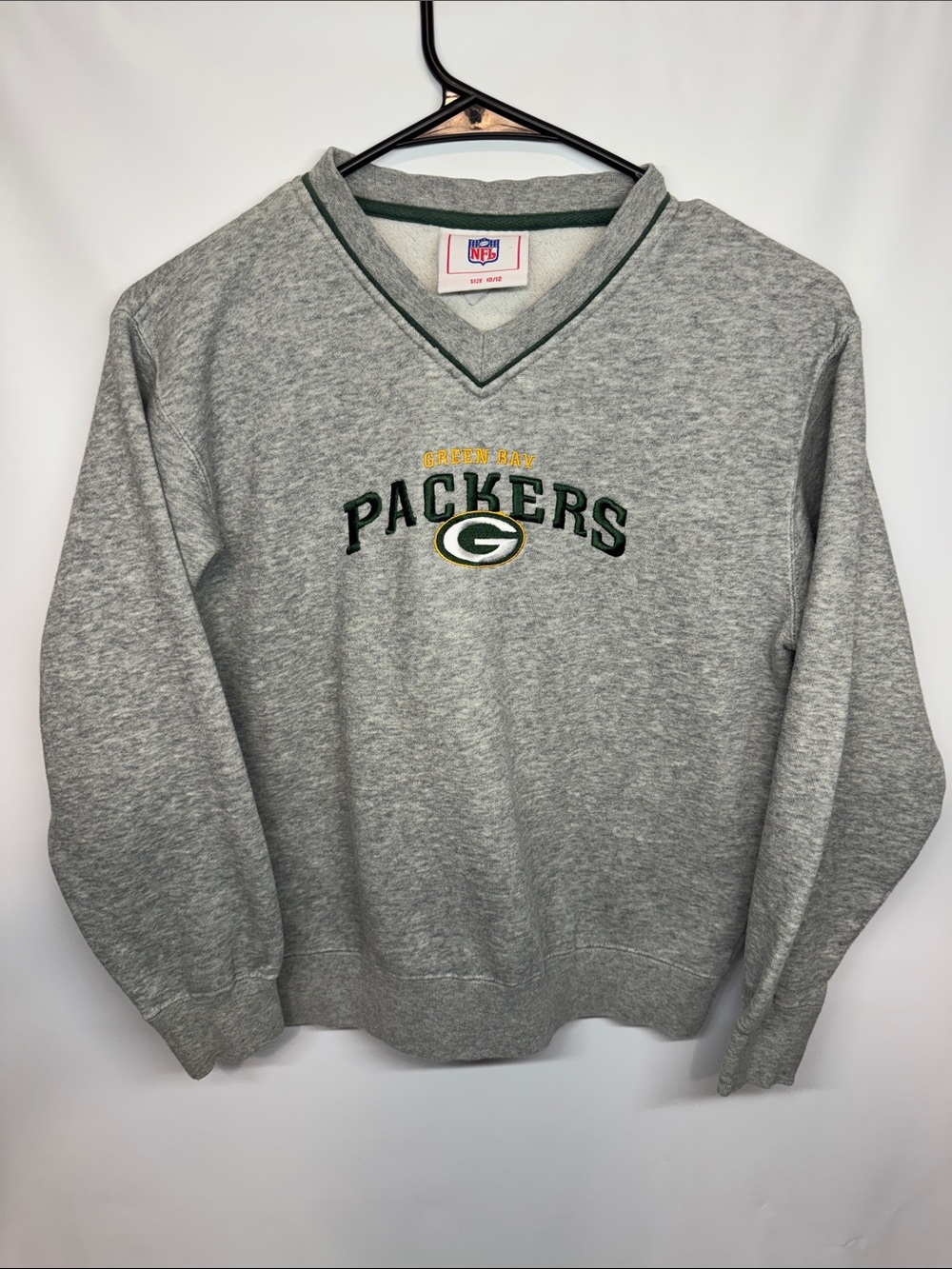 Vintage Green Bay Packers Youth V-Neck Sweatshirt Grey Embroidered Kids 10/12